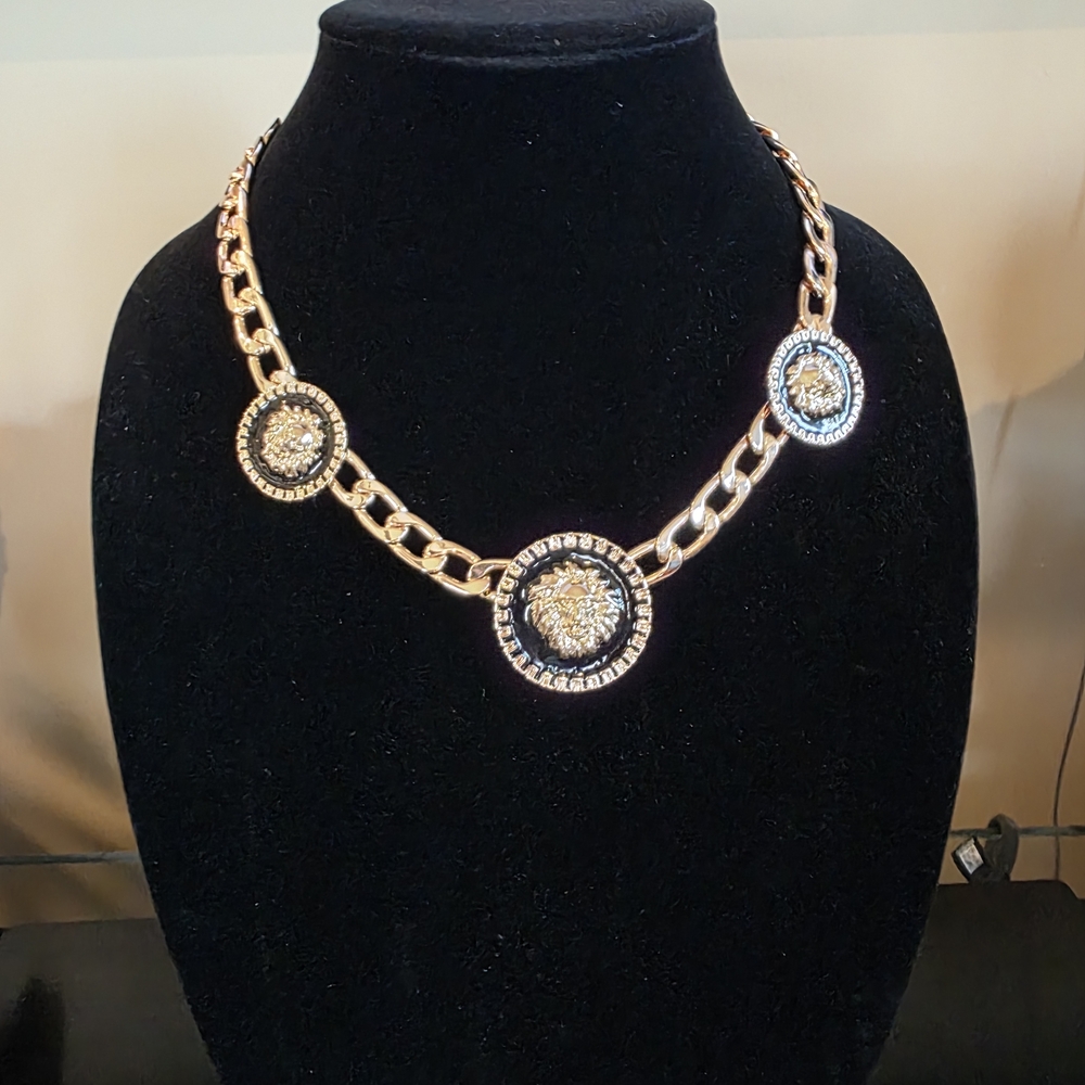 Gold Chain Necklace with Medallion Lion Accents